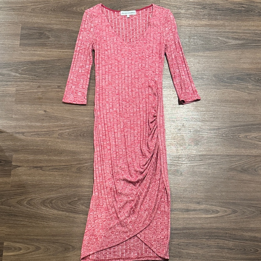 Textured Ribbed Pink 3/4 Sleeve Midi Dress Small